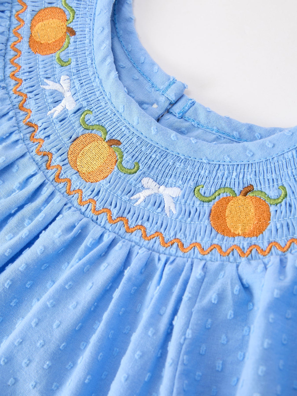 Rylee Faith Designs - Blue Fall Thanksgiving&Halloween Pumpkin Smock Embroidery Lace Baby Girl Dress - alternate view 8