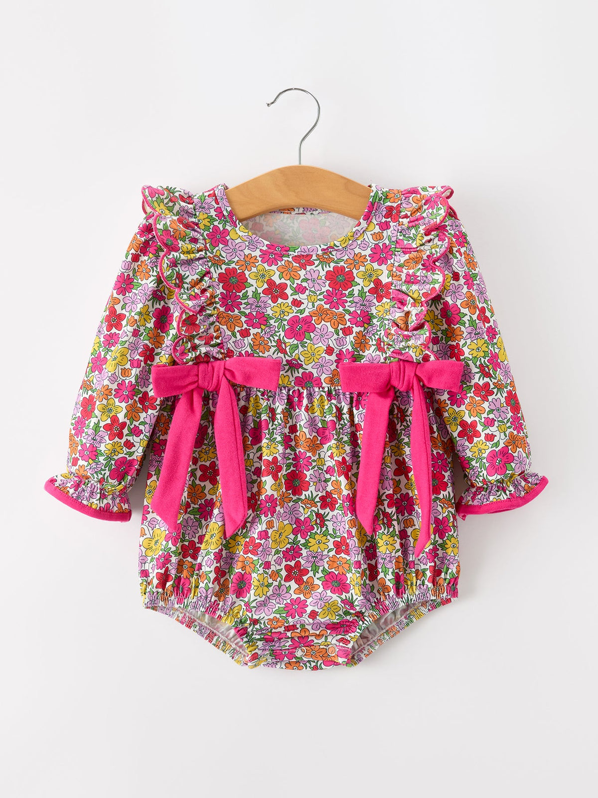 Rylee Faith Designs - Hot Pink Bow Floral Girl Bubble Romper