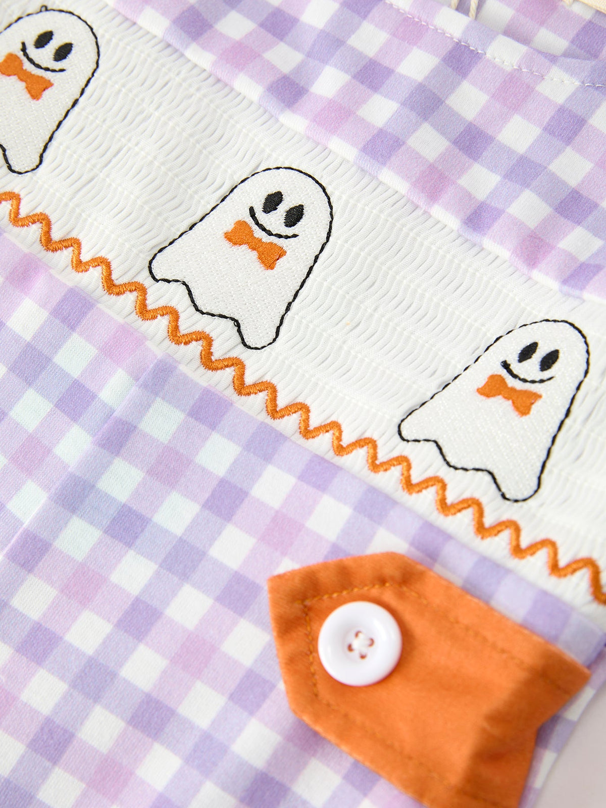 Rylee Faith Designs - Halloween Ghost Plaid Smocked Baby Boy Romper - alternate view 4