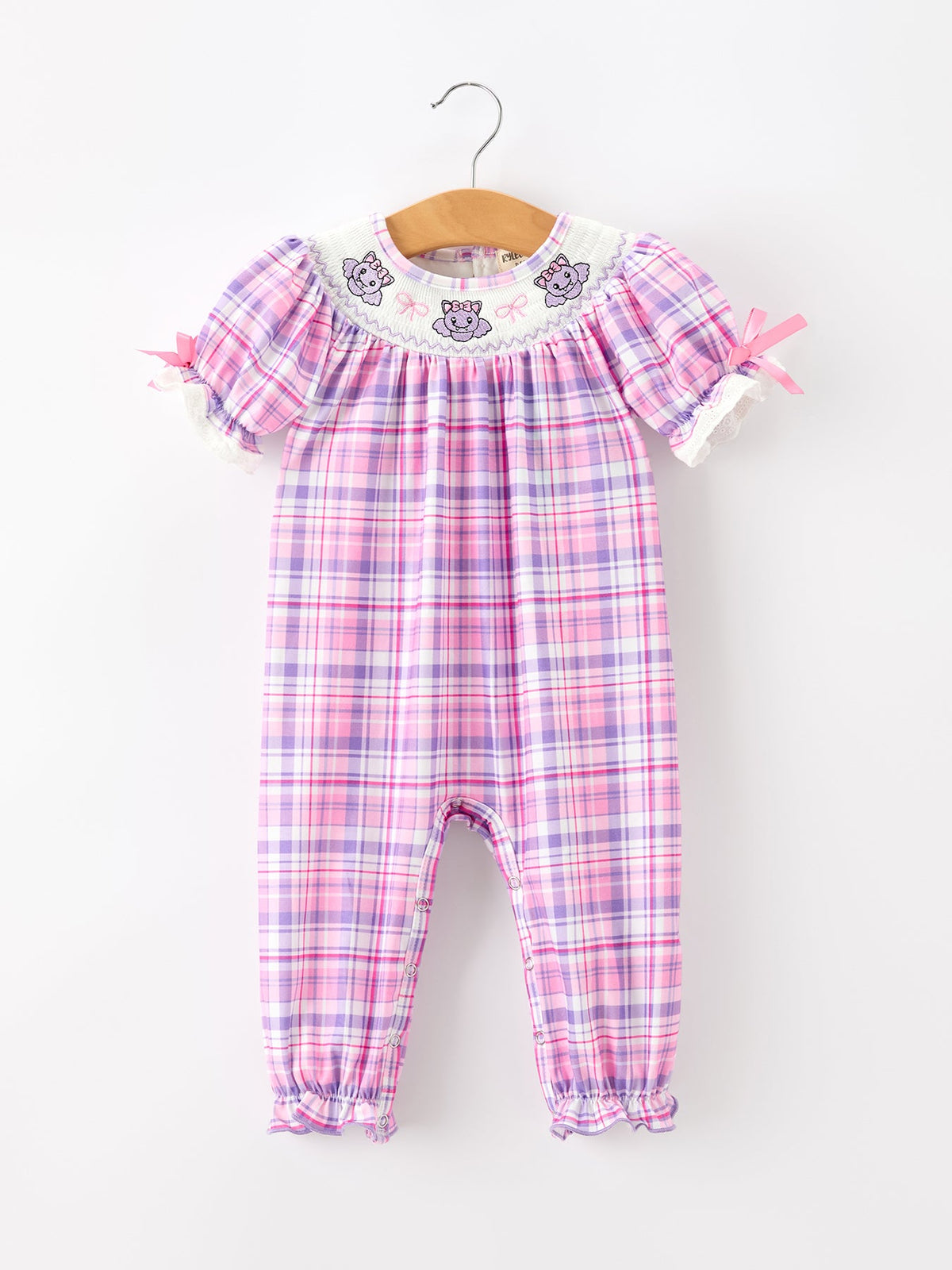 Rylee Faith Designs - Halloween Plaid Bat Smocked Girls Romper