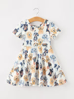 Rylee Faith Designs - Dog Print Girls Short Sleeve Twirl Dress