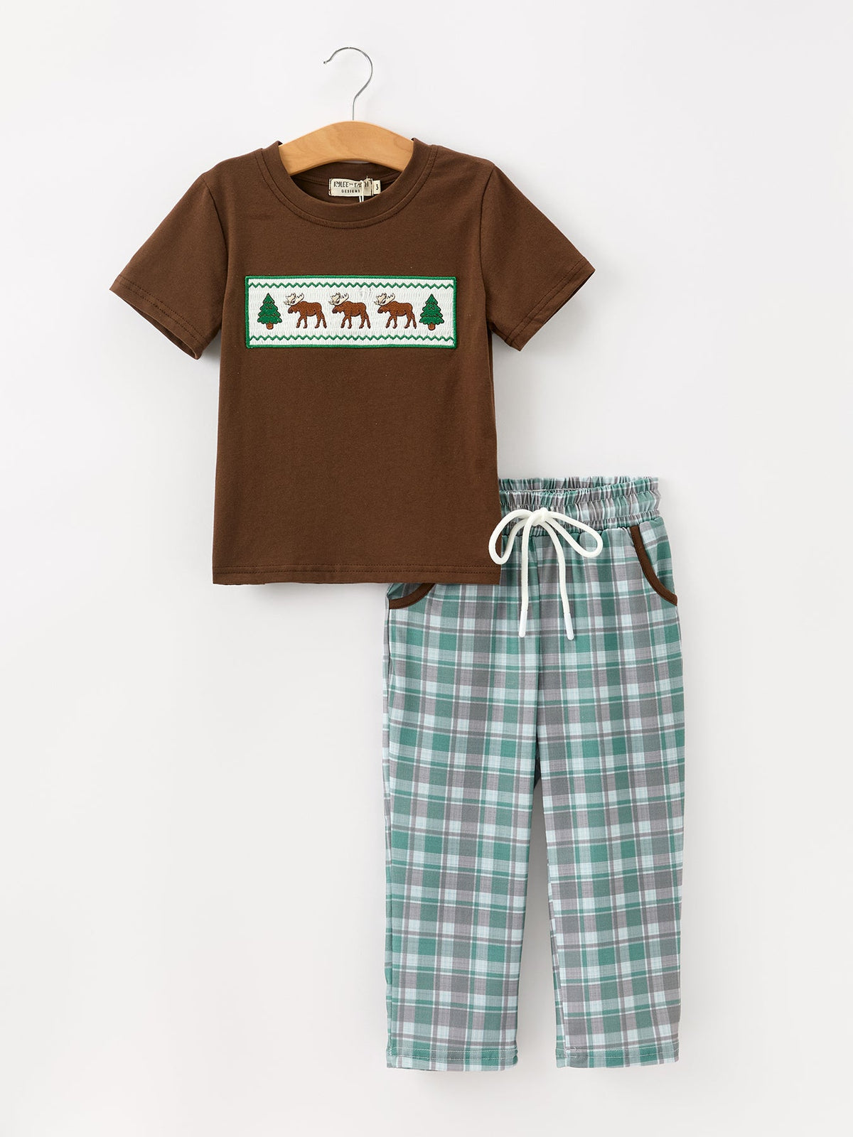 Rylee Faith Designs - Plaid Moose Smocked Boys Short Sleeve Pant Set