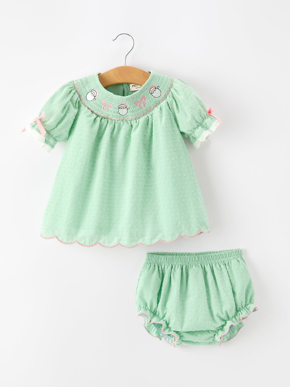 Rylee Faith Designs - Christmas Mint Green Smocked Santa Baby Girl Bloomer Set