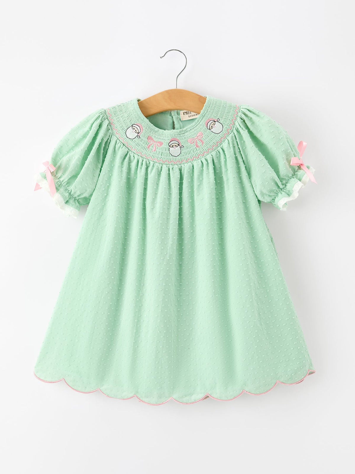 Rylee Faith Designs - Christmas Mint Green Smocked Santa Girls Puff Sleeve Dress