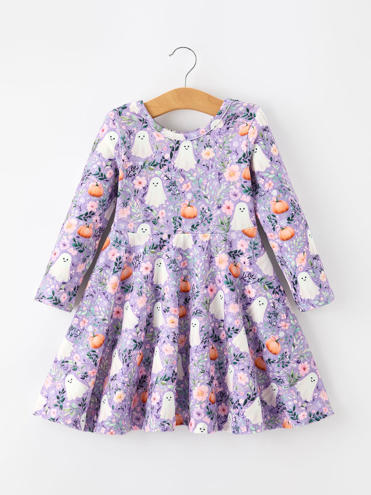 Rylee Faith Designs - Halloween Ghost Pumpkin Girls Long Sleeve Twirl Dress - alternate view 7