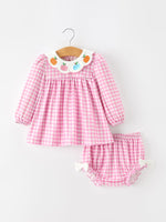 Rylee Faith Designs - Thanksgiving Halloween Pumpkin Embroidery Pink Plaid Girls Bloomer Set