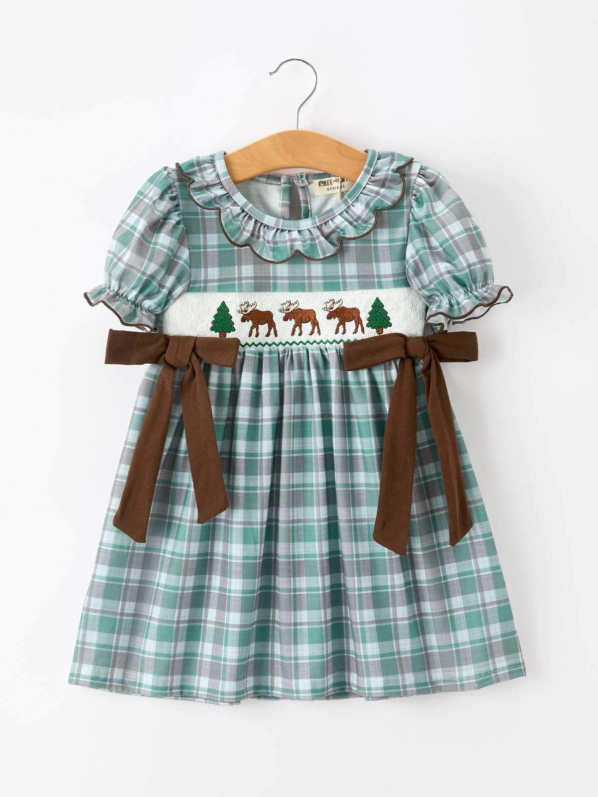 Rylee Faith Designs - Plaid Moose Smocked Girls Puff Sleeve Dress