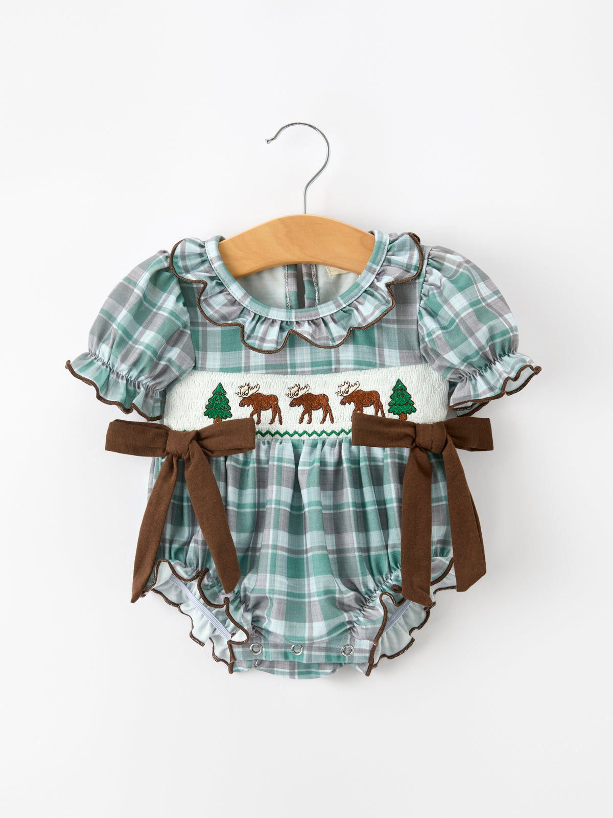 Rylee Faith Designs - Plaid Moose Smocked Baby Girl Bubble Romper