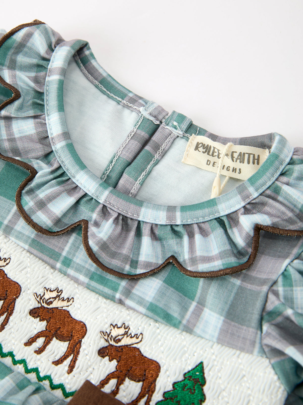 Rylee Faith Designs - Plaid Moose Smocked Baby Girl Bubble Romper - alternate view 3