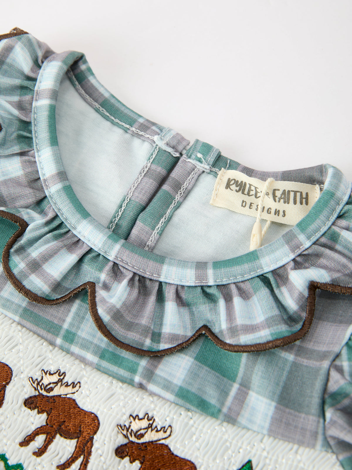 Rylee Faith Designs - Plaid Moose Smocked Baby Girl Bubble Romper - alternate view 4