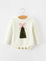 Rylee Faith Designs - Winter Christmas Tree Girls Knit Romper Bow Long Sleeve