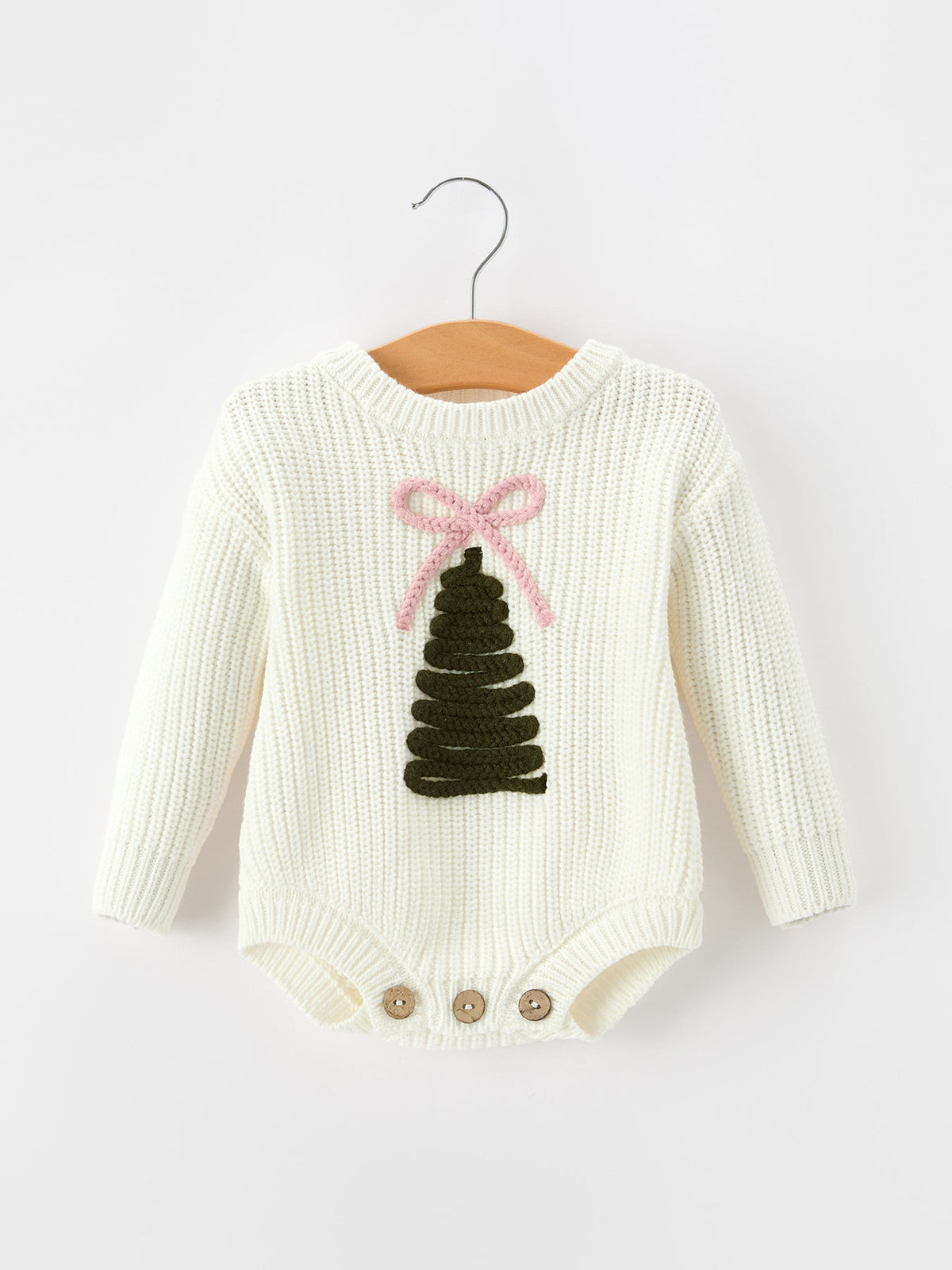 Rylee Faith Designs - Winter Christmas Tree Girls Knit Romper Bow Long Sleeve