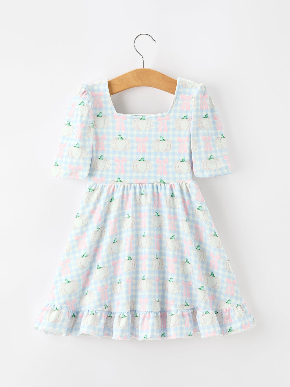Rylee Faith Designs - Fall Pumpkin Bow Plaid Girls Ruffle Hem Dress - alternate view 2