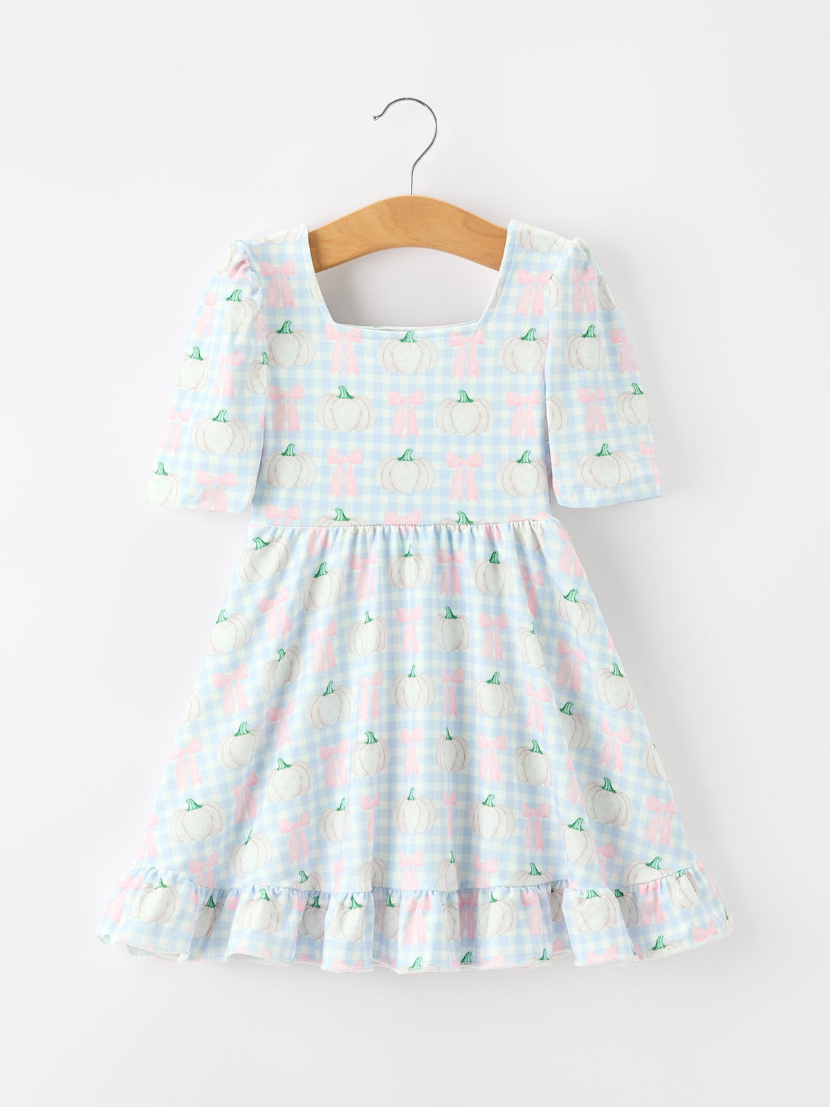 Rylee Faith Designs - Fall Pumpkin Bow Plaid Girls Ruffle Hem Dress