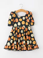 Rylee Faith Designs - Halloween Pumpkin Print Square Neck Girls Dress