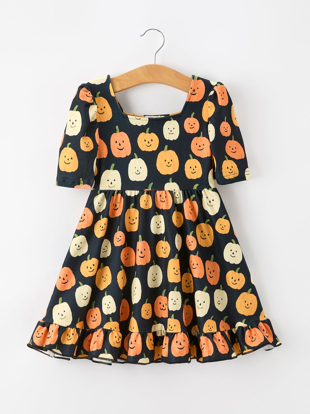 Rylee Faith Designs - Halloween Pumpkin Print Square Neck Girls Dress