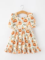 Rylee Faith Designs - Fall Pumpkin Floral Girls Ruffle Hem Dress