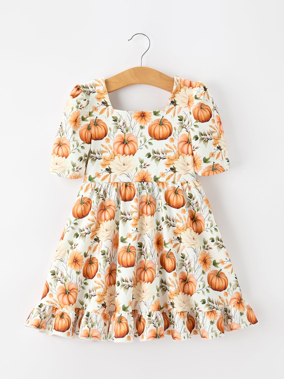 Rylee Faith Designs - Fall Pumpkin Floral Girls Ruffle Hem Dress
