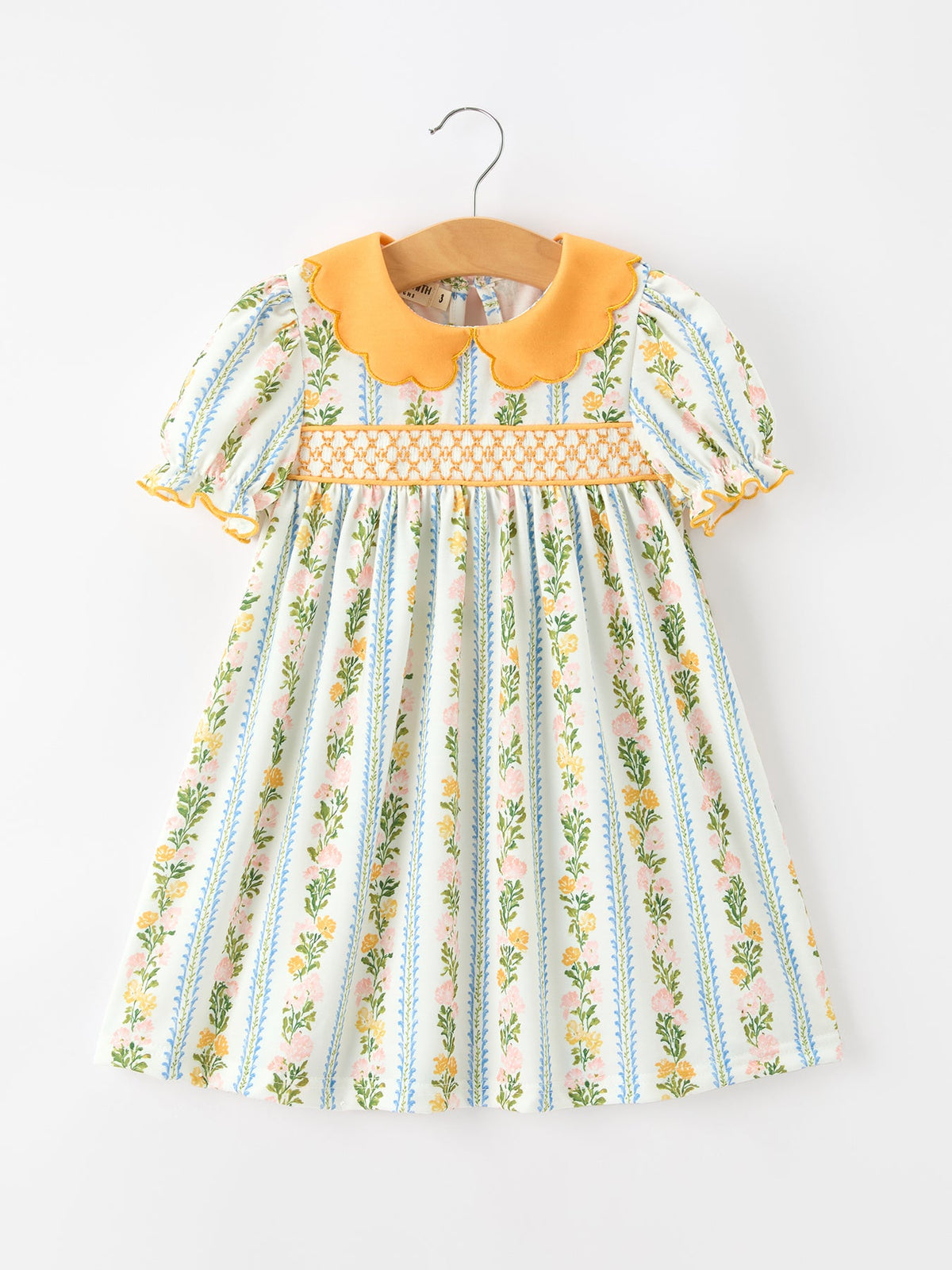 Rylee Faith Designs - Fall Smocked Floral & Stripe Baby Girl Dress with Scallop Collar
