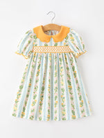 Rylee Faith Designs - Fall Smocked Floral & Stripe Baby Girl Dress with Scallop Collar