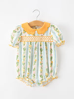 Rylee Faith Designs - Fall Smocked Floral & Stripe Baby Girl Romper with Scallop Collar