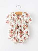 Rylee Faith Designs - Fall Garden Baby Romper Smocked Petal Collar Bow