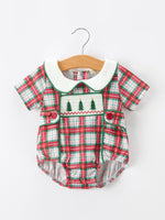 Rylee Faith Designs - Christmas Tree Plaid Boys Romper Peter Pan Collar Smocked