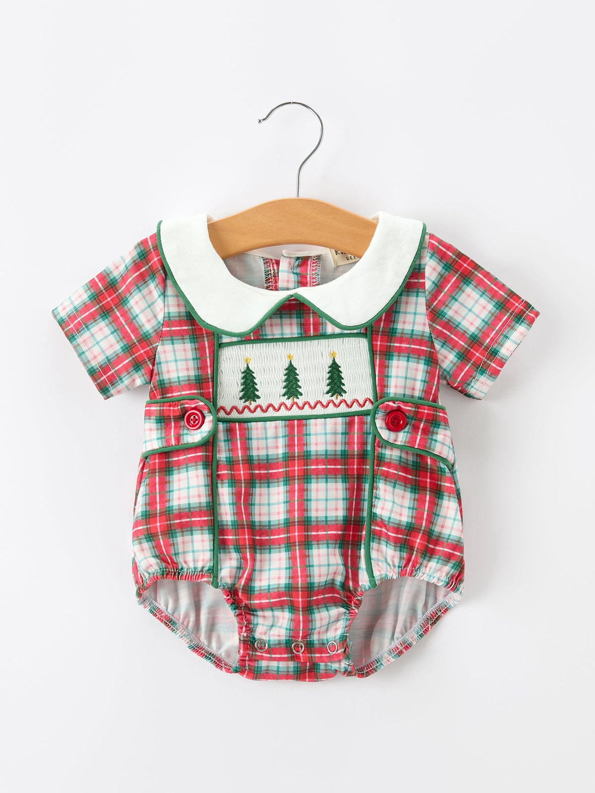 Rylee Faith Designs - Christmas Tree Plaid Boys Romper Peter Pan Collar Smocked