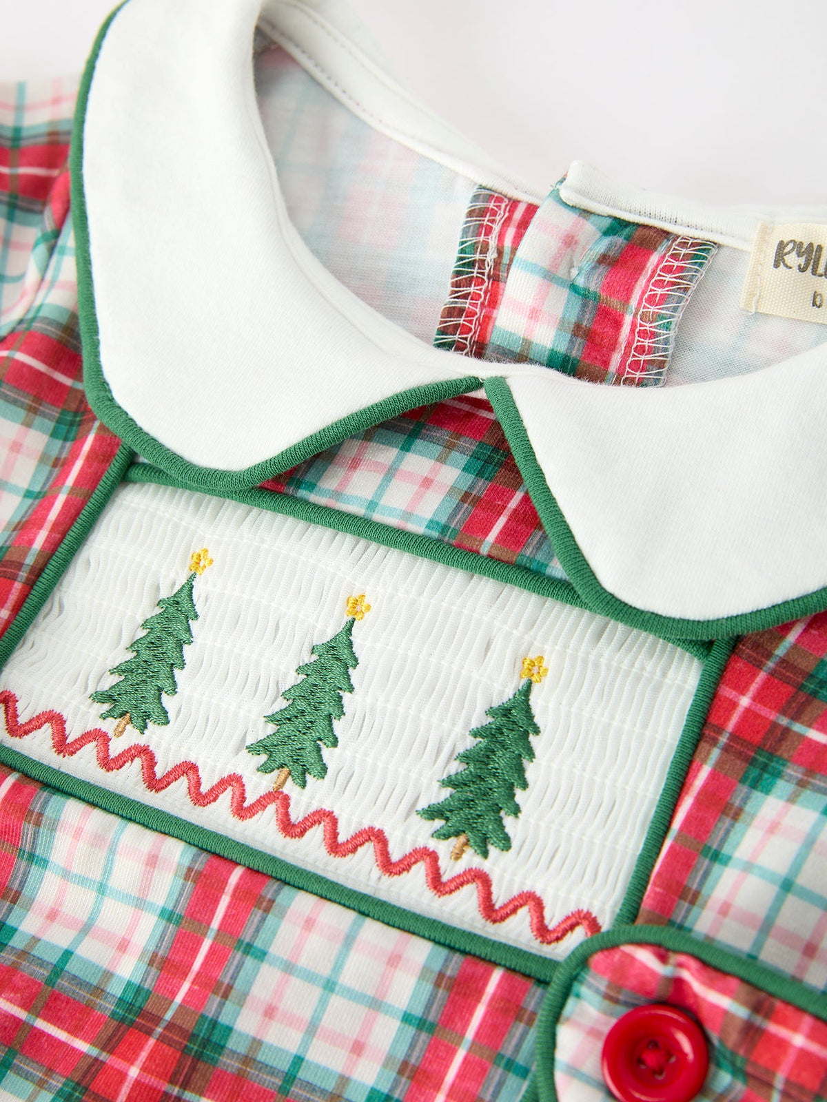 Rylee Faith Designs - Christmas Tree Plaid Boys Romper Peter Pan Collar Smocked - alternate view 3