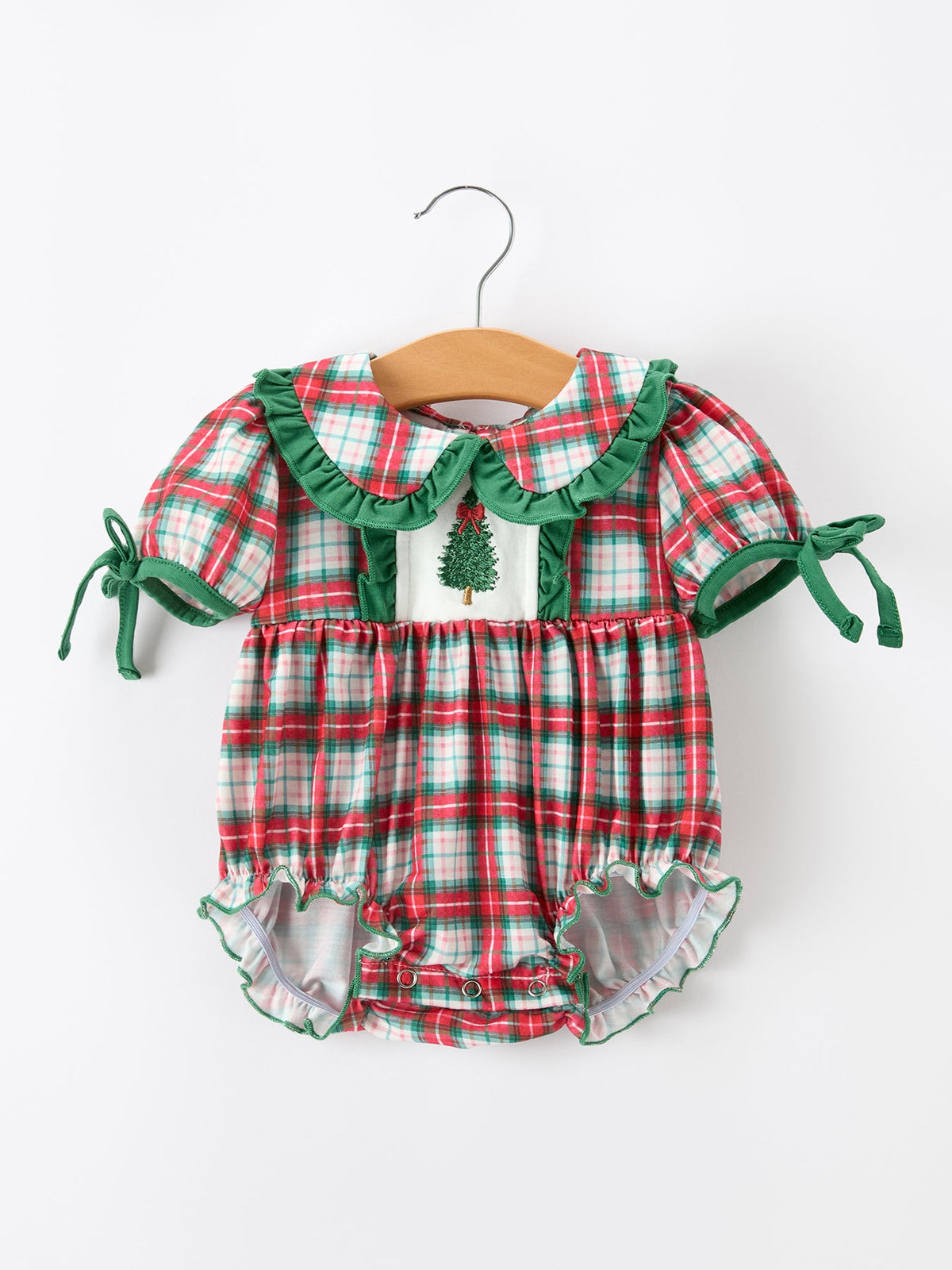 Rylee Faith Designs - Christmas Tree Plaid Girls Romper Petals Collar Ruffle