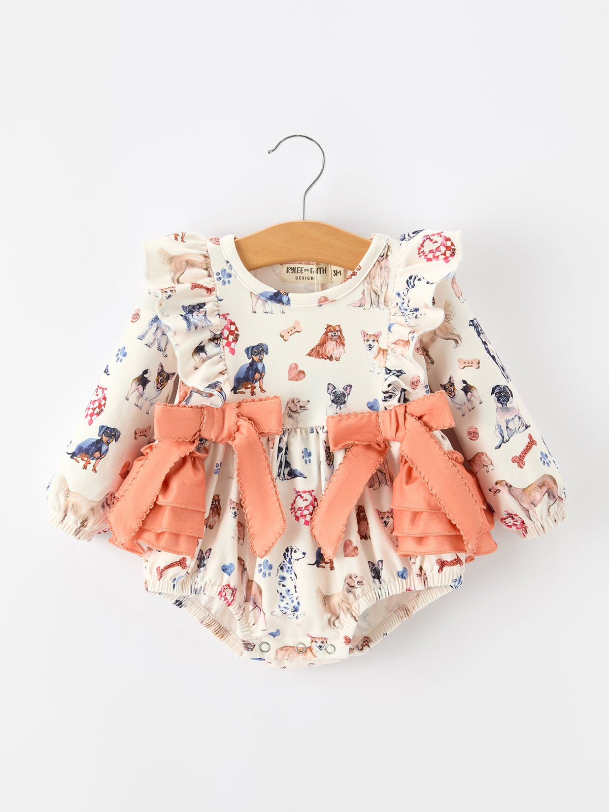 Rylee Faith Designs - Fall Dog Print Girls Long Sleeve Ruffle Bow Romper