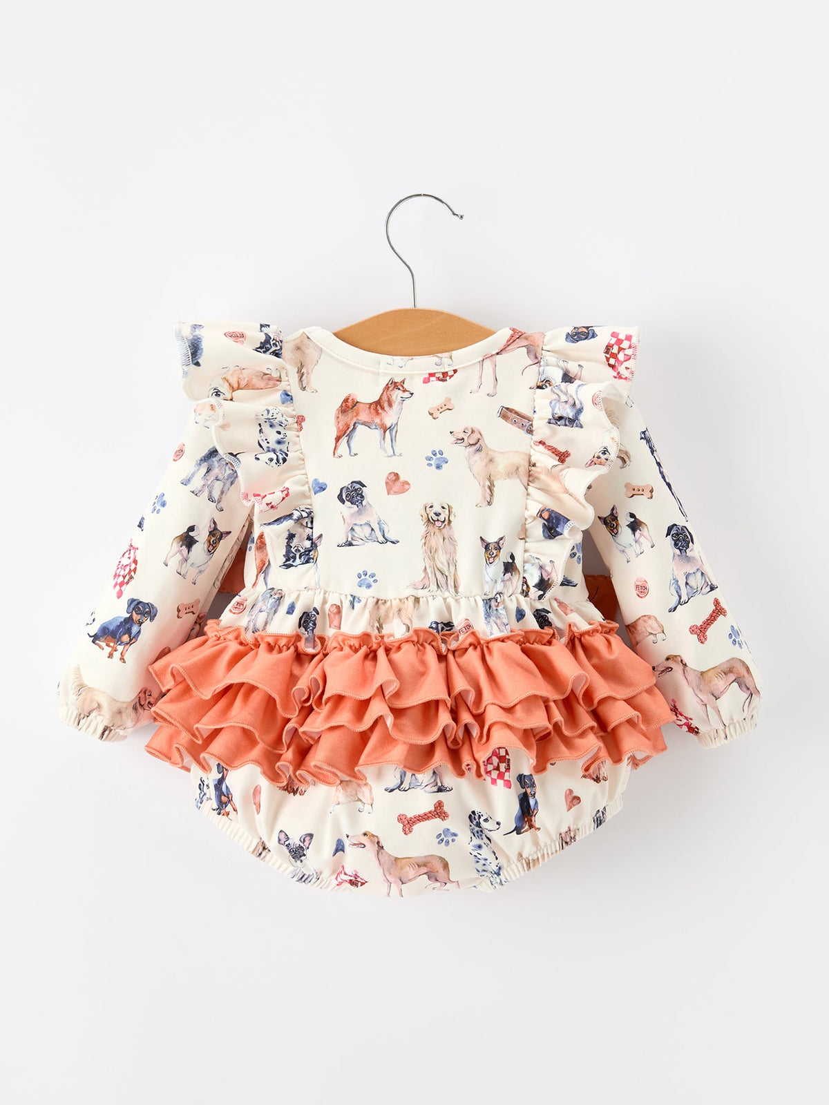 Rylee Faith Designs - Fall Dog Print Girls Long Sleeve Ruffle Bow Romper - alternate view 2