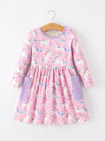 Rylee Faith Designs - Pink Unicorn Girls Pocket Dress Rainbow Star Print