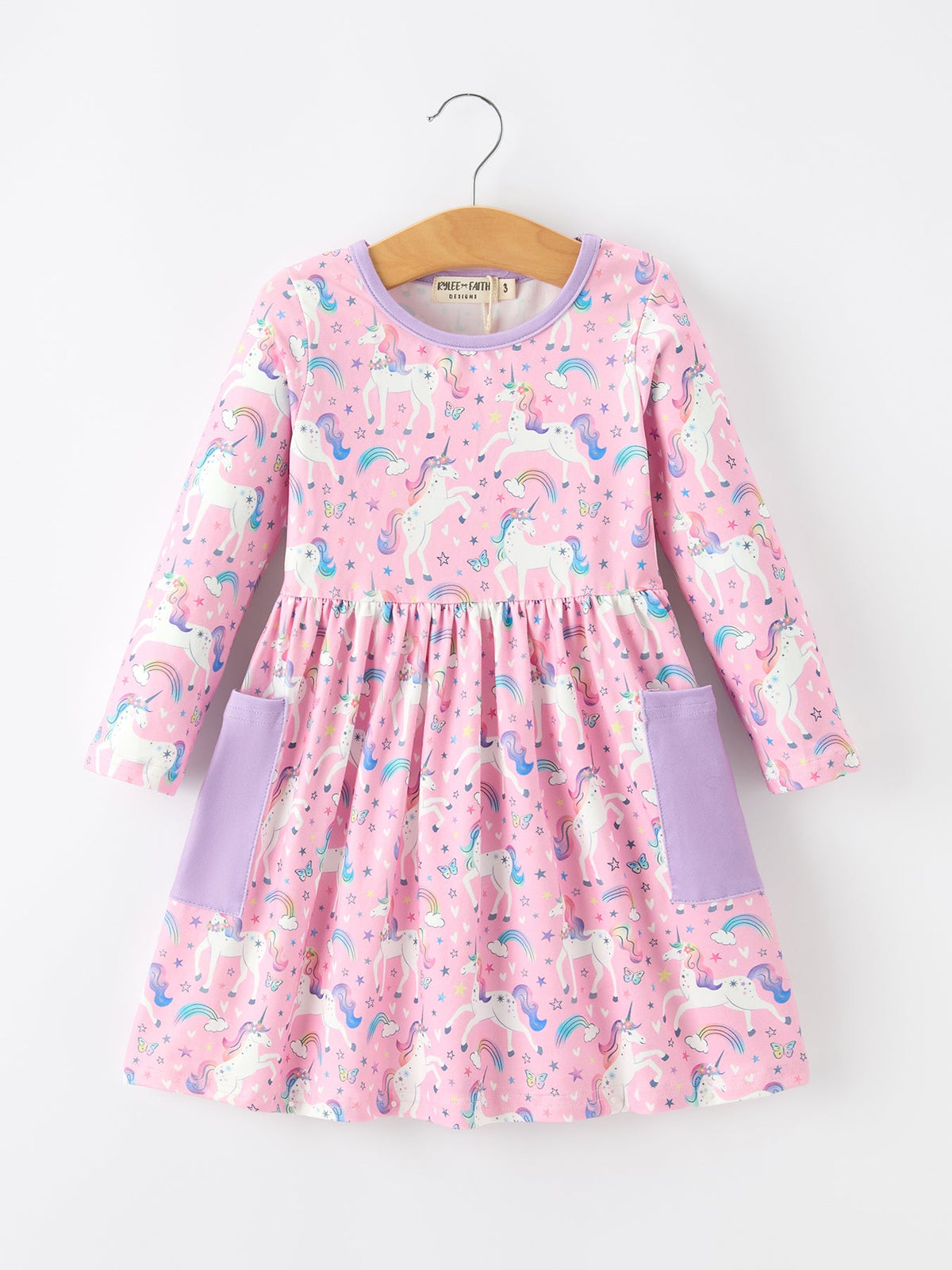 Rylee Faith Designs - Pink Unicorn Girls Pocket Dress Rainbow Star Print