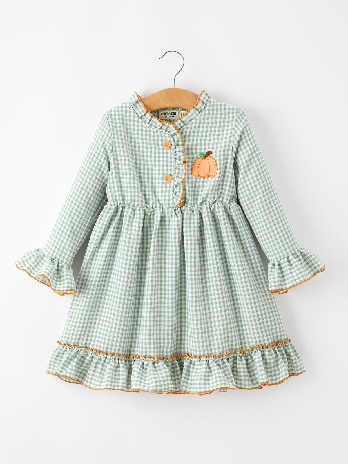 Rylee Faith Designs - Fall Plaid Girls Dress Pumpkin Applique Ruffle Button Dress