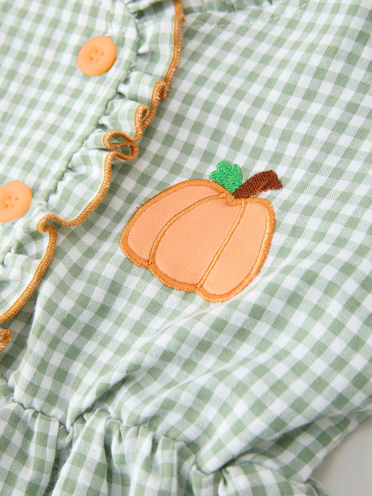 Rylee Faith Designs - Fall Plaid Girls Dress Pumpkin Applique Ruffle Button Dress - alternate view 4