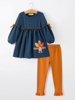 Rylee Faith Designs - Thanksgiving Turkey Applique Girls Outfit Set Navy Top Orange Pants Set