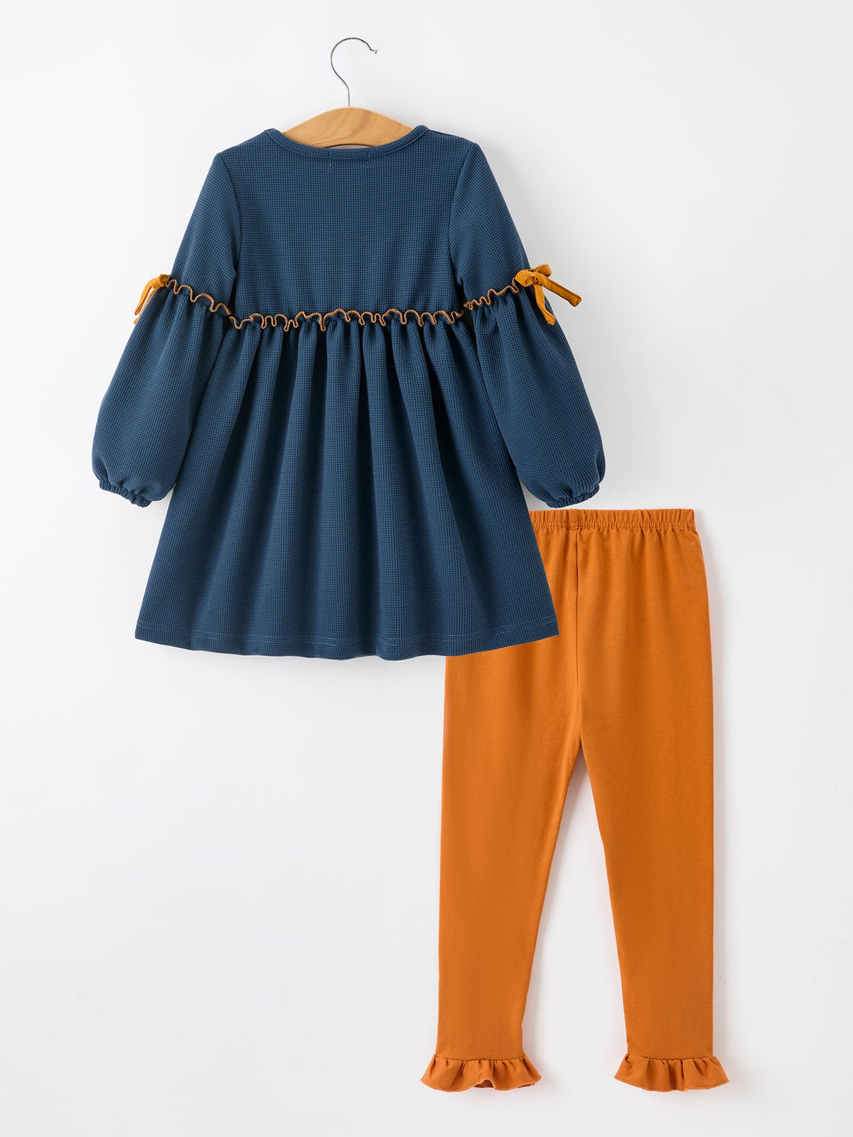 Rylee Faith Designs - Thanksgiving Turkey Applique Girls Outfit Set Navy Top Orange Pants Set - alternate view 2
