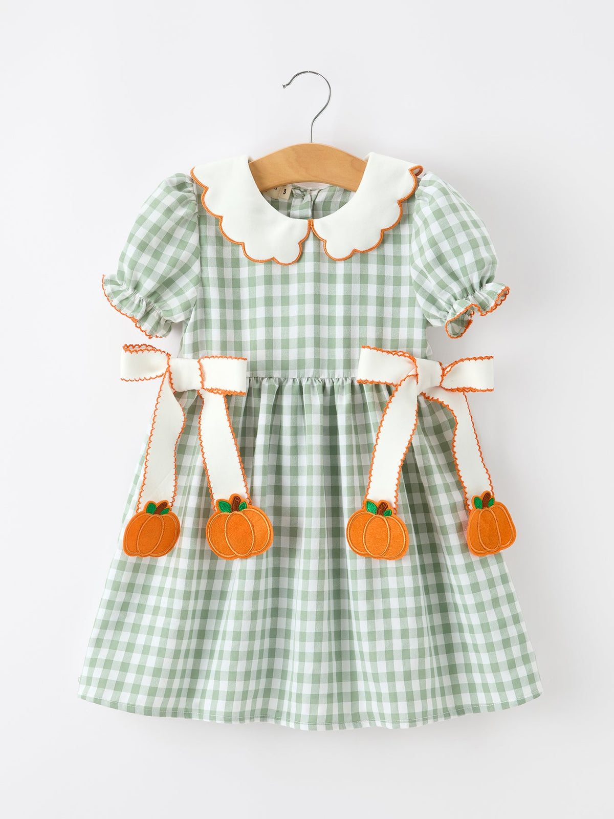 Rylee Faith Designs - Fall Plaid Girls Dress Pumpkin Bow Smocked Peter Pan Collar - alternate view 7