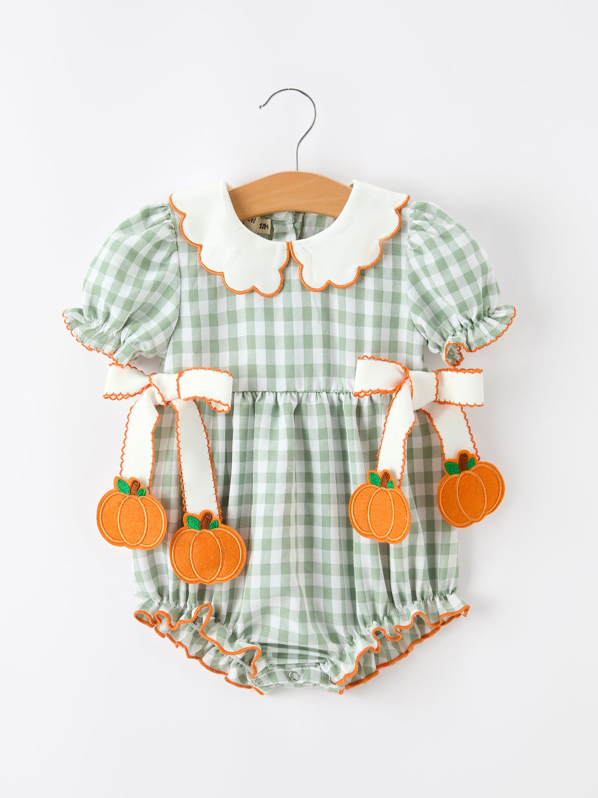 Rylee Faith Designs - Fall Plaid Baby Girl Romper Pumpkin Bow Peter Pan Collar - alternate view 6