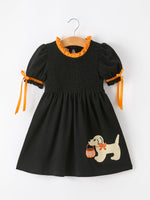 Rylee Faith Designs - Girls Halloween Dog Pumpkin Applique Dress Puff Sleeve