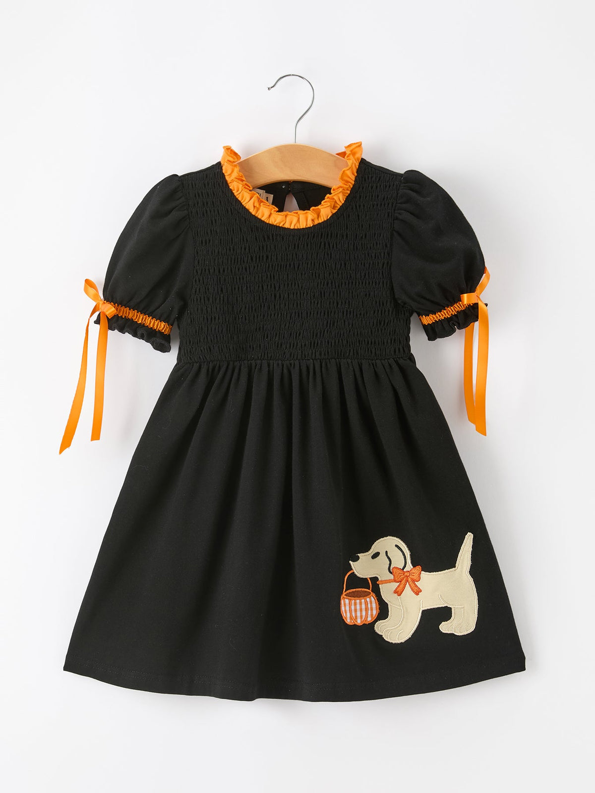 Rylee Faith Designs - Girls Halloween Dog Pumpkin Applique Dress Puff Sleeve