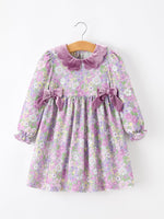 Rylee Faith Designs - Purple Floral Girls Dress Velvet Collar Bow Long Sleeve Dress