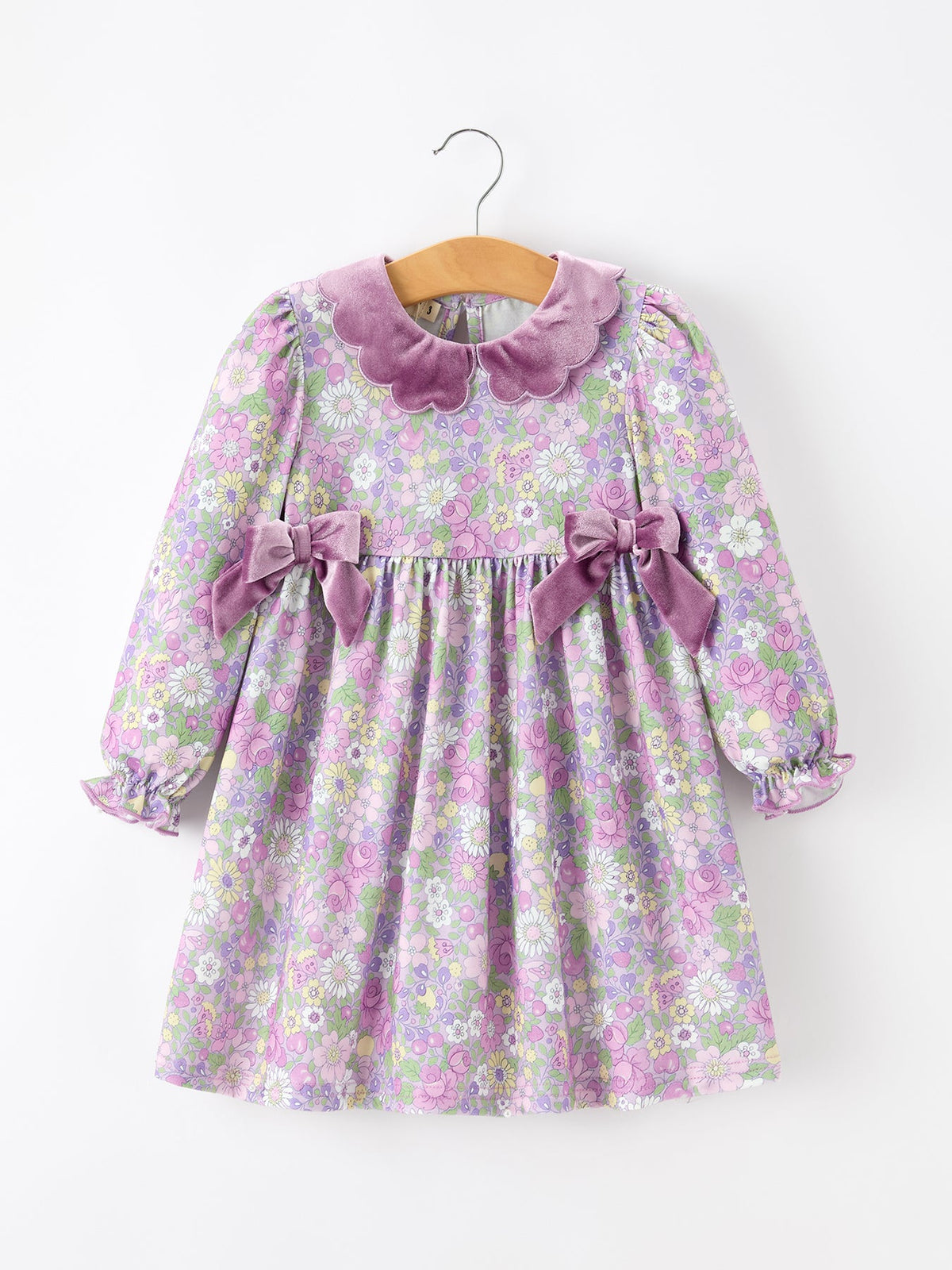 Rylee Faith Designs - Purple Floral Girls Dress Velvet Collar Bow Long Sleeve Dress