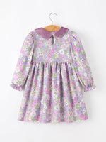 Rylee Faith Designs - Purple Floral Girls Dress Velvet Collar Bow Long Sleeve Dress - alternate view 2