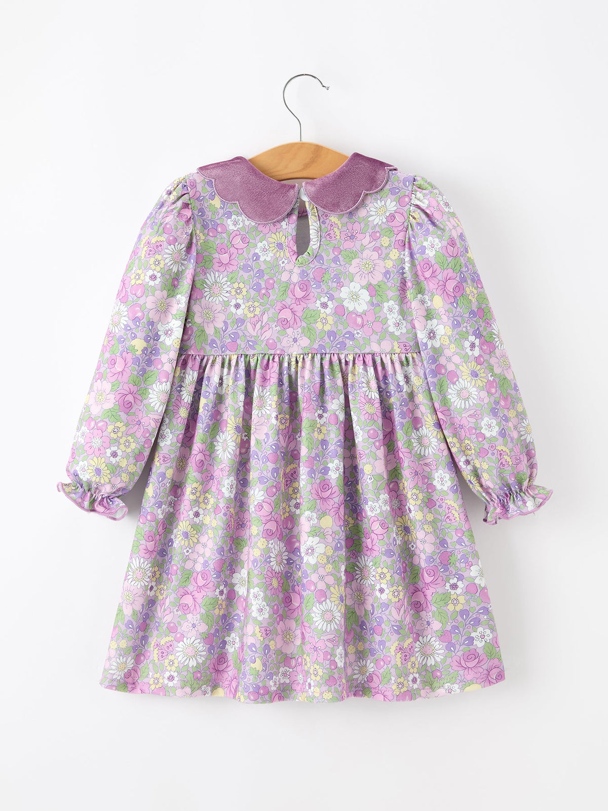 Rylee Faith Designs - Purple Floral Girls Dress Velvet Collar Bow Long Sleeve Dress - alternate view 2