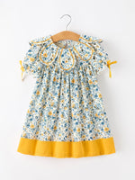 Rylee Faith Designs - Floral Girls Dress Peter Pan Collar Yellow Trim Puff Sleeve Dress