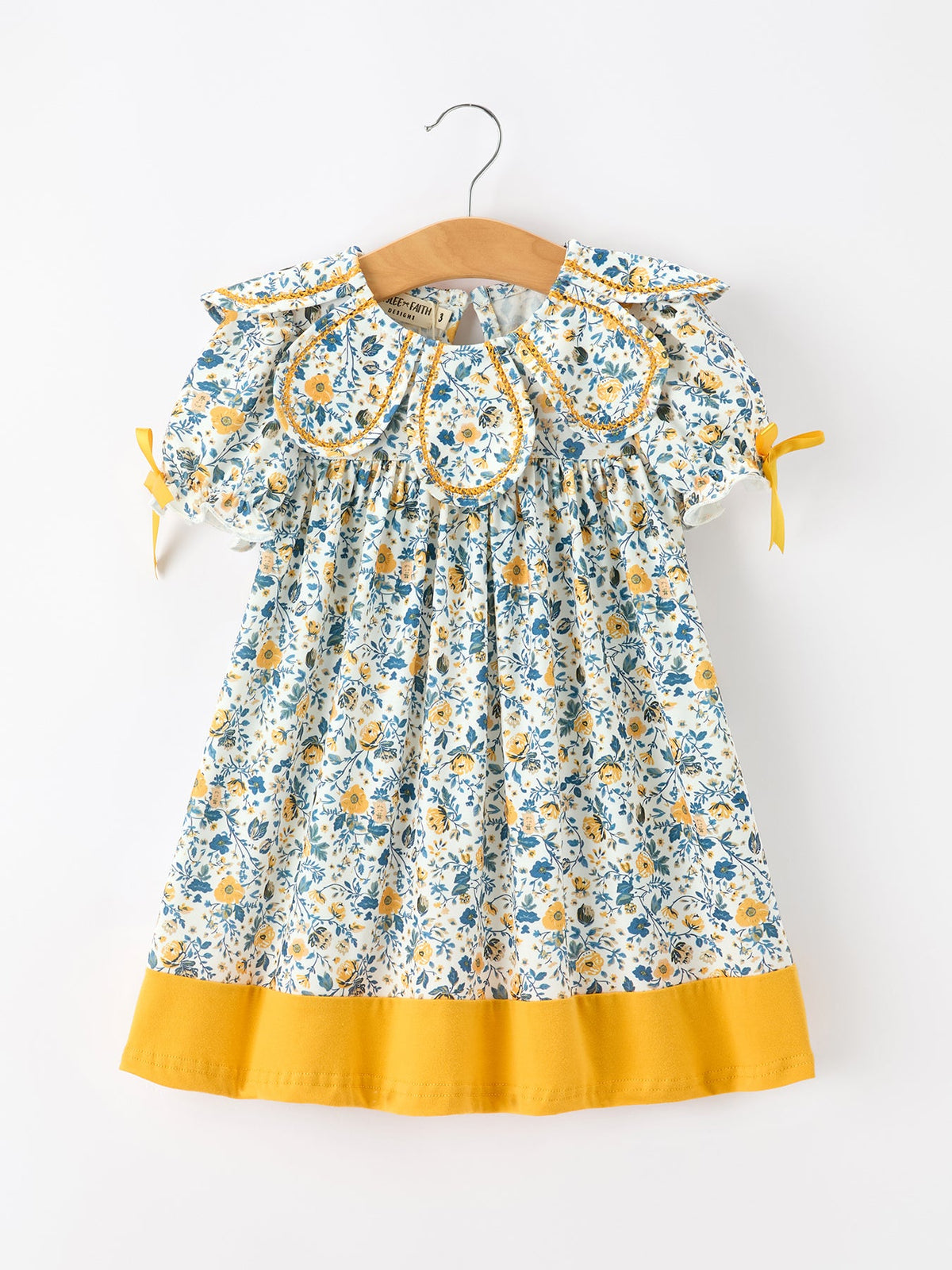 Rylee Faith Designs - Floral Girls Dress Peter Pan Collar Yellow Trim Puff Sleeve Dress