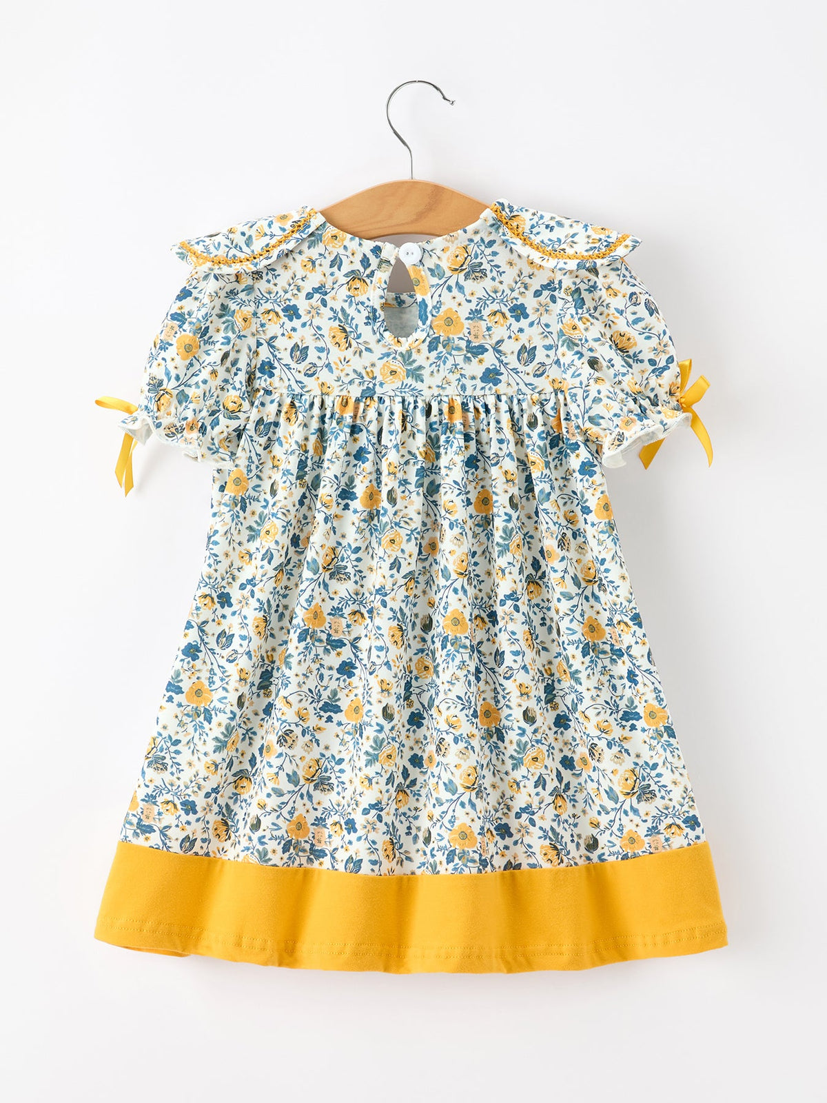 Rylee Faith Designs - Floral Girls Dress Peter Pan Collar Yellow Trim Puff Sleeve Dress - alternate view 2