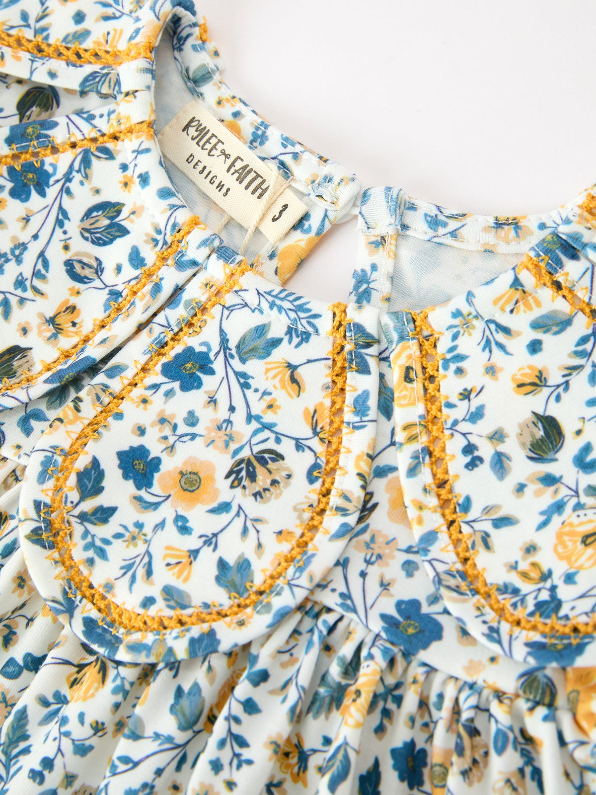 Rylee Faith Designs - Floral Girls Dress Peter Pan Collar Yellow Trim Puff Sleeve Dress - alternate view 3